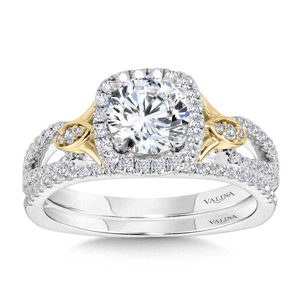 Dual-Tone Split Shank Cushion-Shaped Halo Engagement Ring — R1173WY