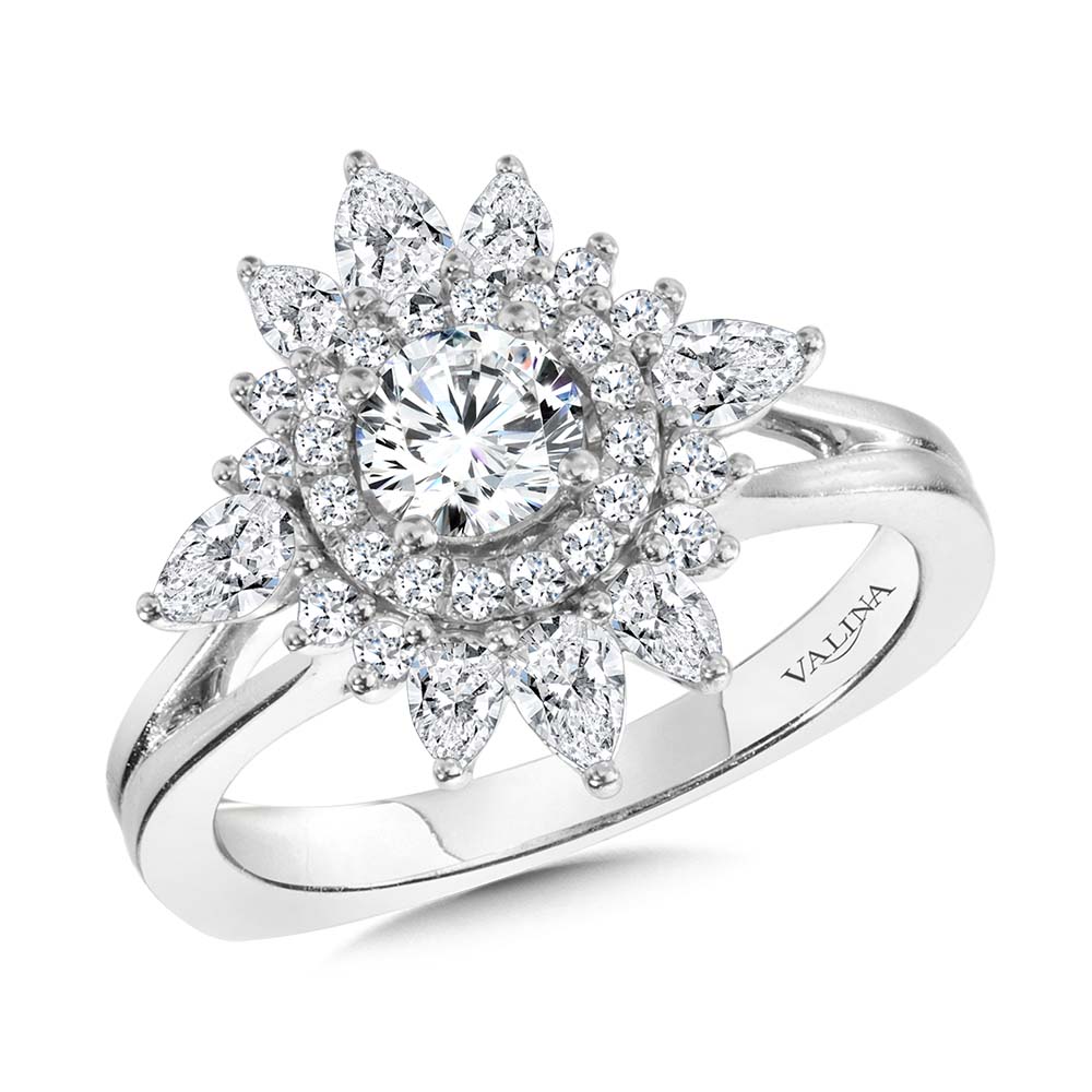 Sun-Burst Split Shank Double Halo Diamond Engagement Ring — R2200W