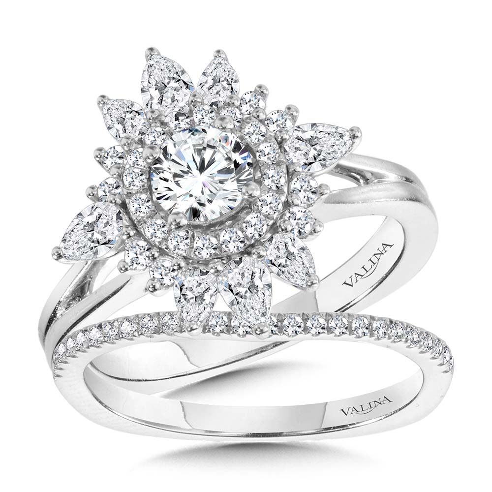 Sun-Burst Split Shank Double Halo Diamond Engagement Ring — R2200W