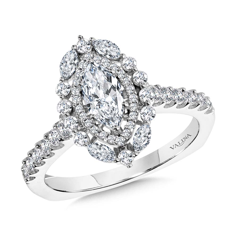 Marquise-Cut Statement Double Halo Diamond Engagement Ring — R2203W