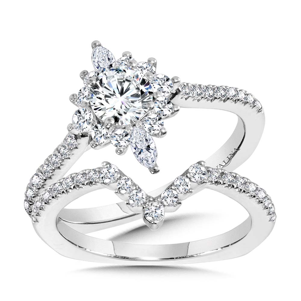 Marquise-Accented Sun Burst Diamond Halo Engagement Ring — R2204W