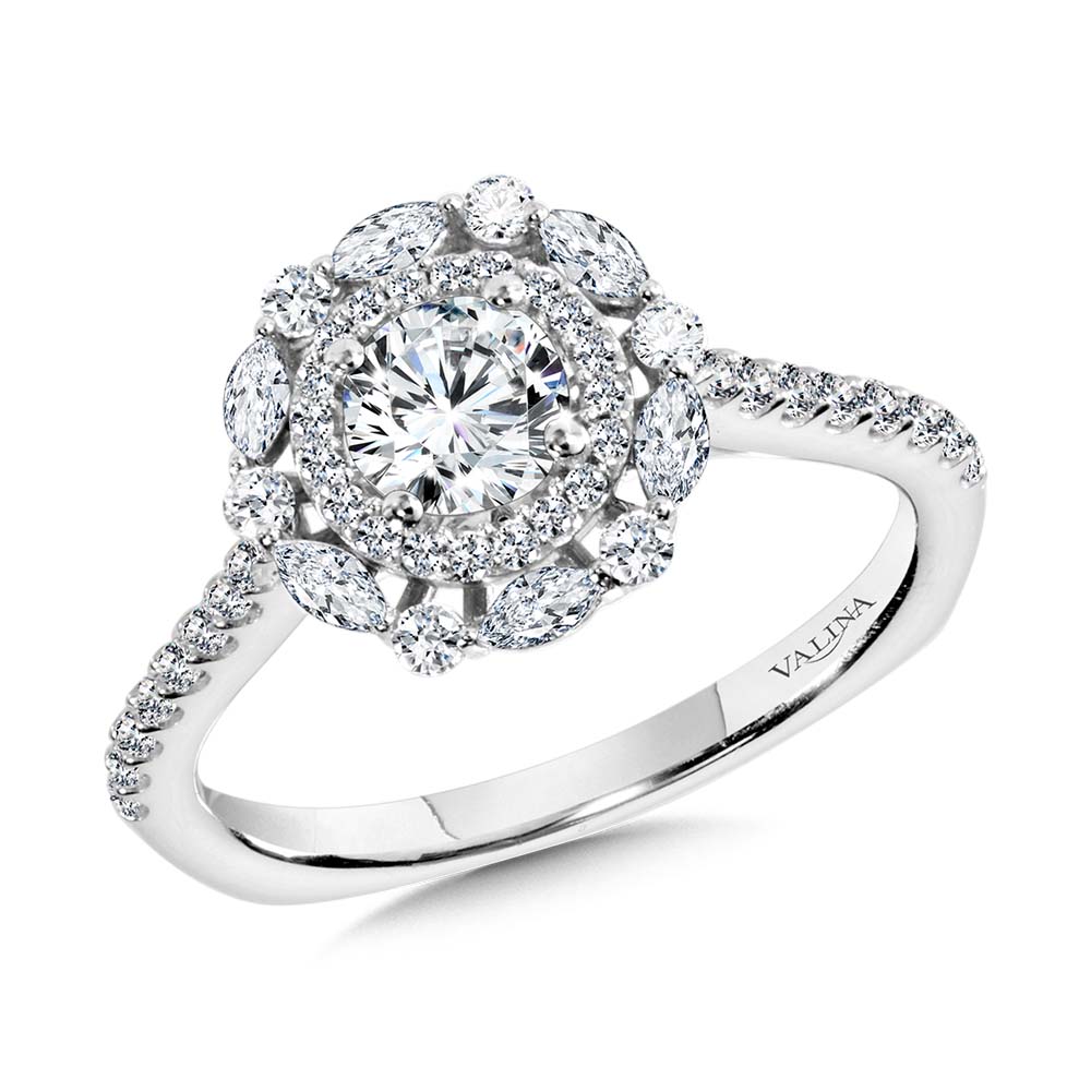 Marquise-Accented Double Halo Diamond Engagement Ring — R2205W
