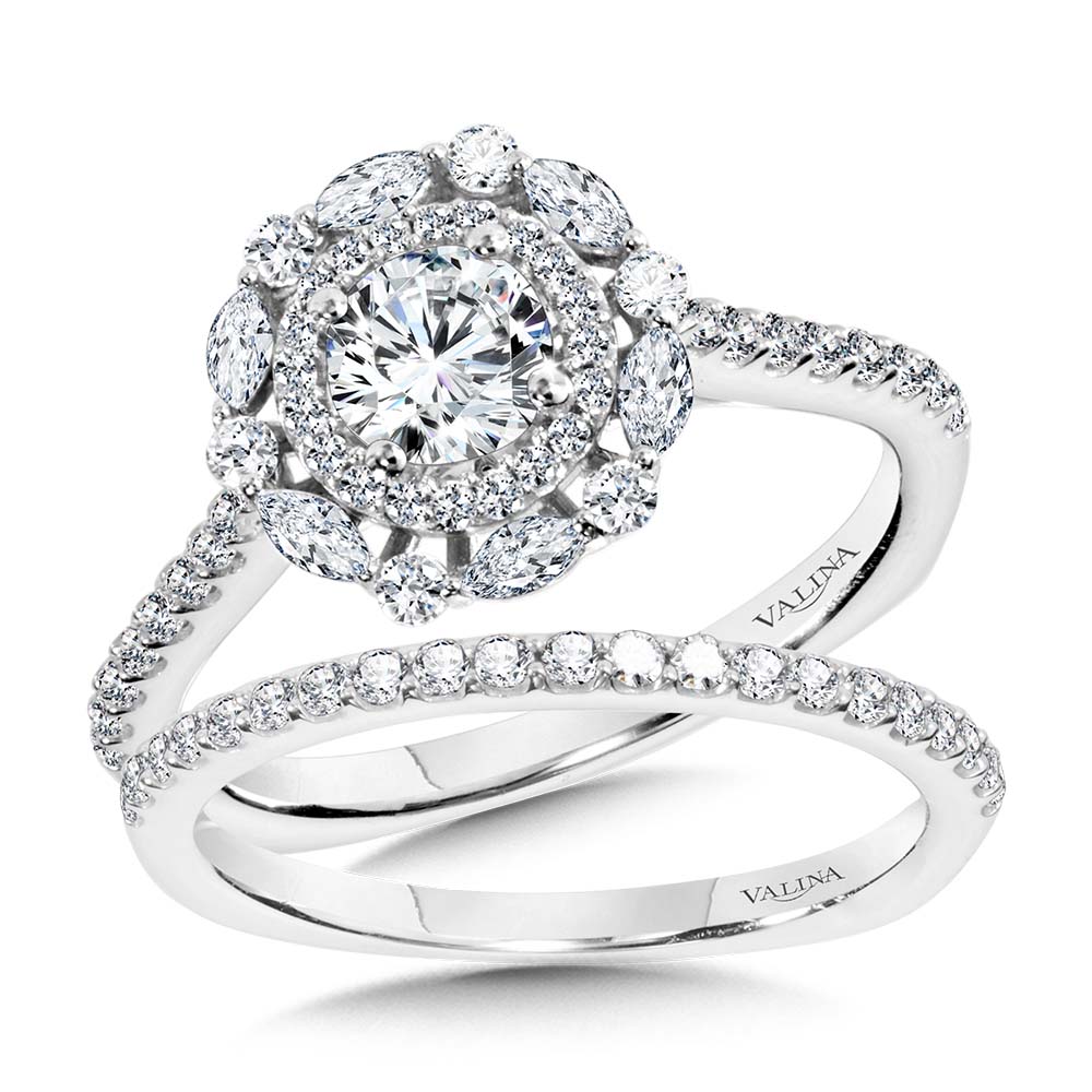 Marquise-Accented Double Halo Diamond Engagement Ring — R2205W