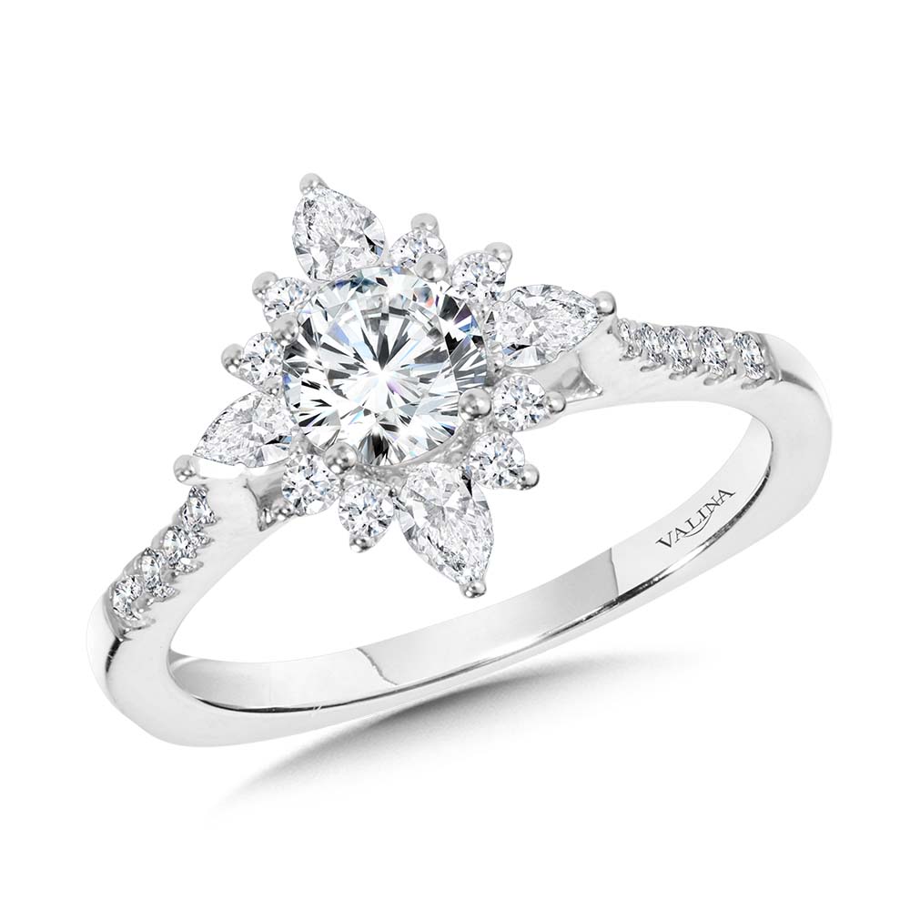 Prong-Tipped & Pear-Accented Sun Burst Diamond Halo Engagement Ring — R2206W