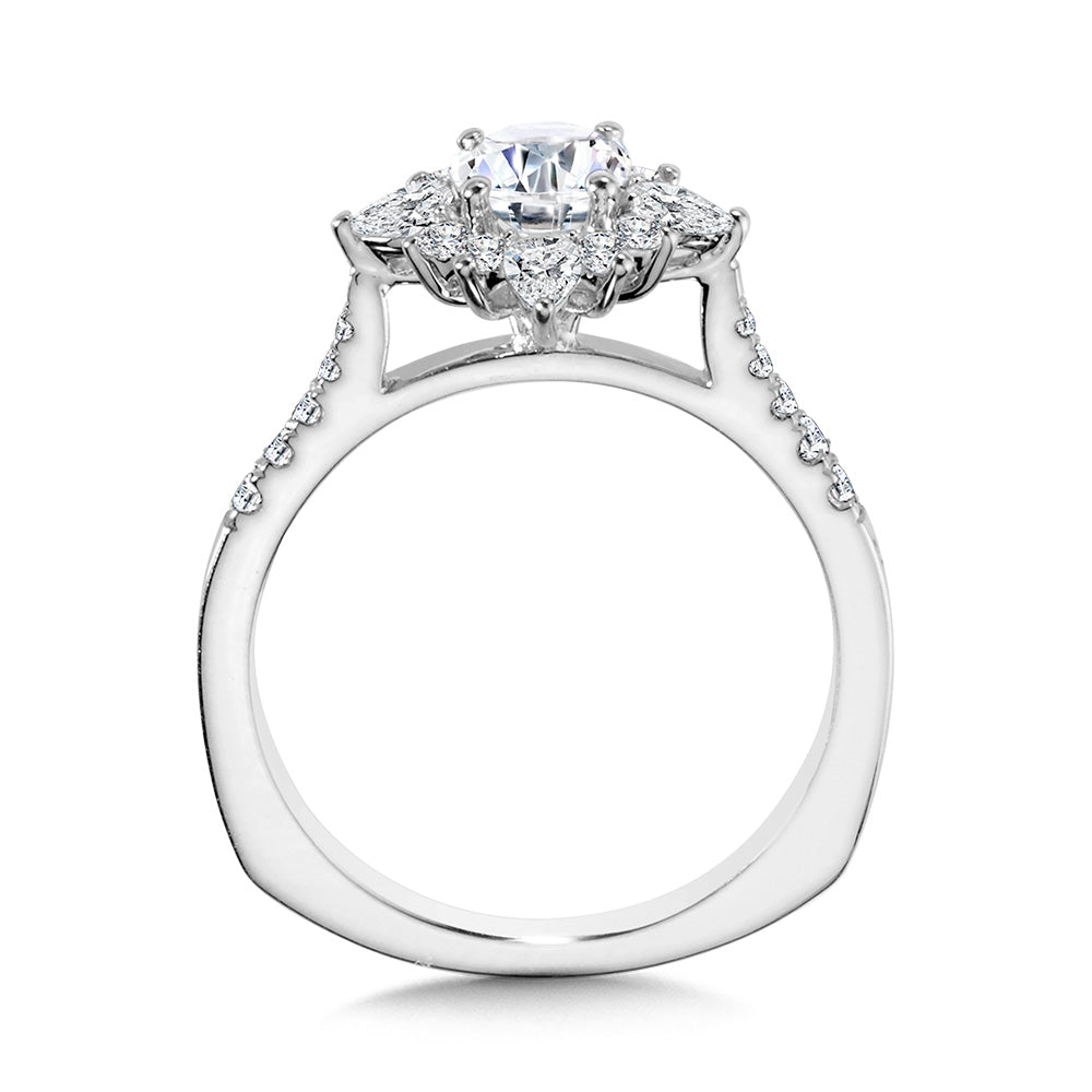 Prong-Tipped & Pear-Accented Sun Burst Diamond Halo Engagement Ring — R2206W