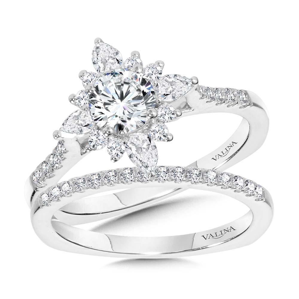 Prong-Tipped & Pear-Accented Sun Burst Diamond Halo Engagement Ring — R2206W