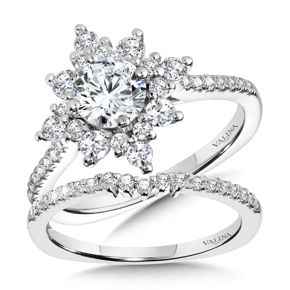 Prong-Tipped Sun Burst Diamond Halo Engagement Ring — R2207W