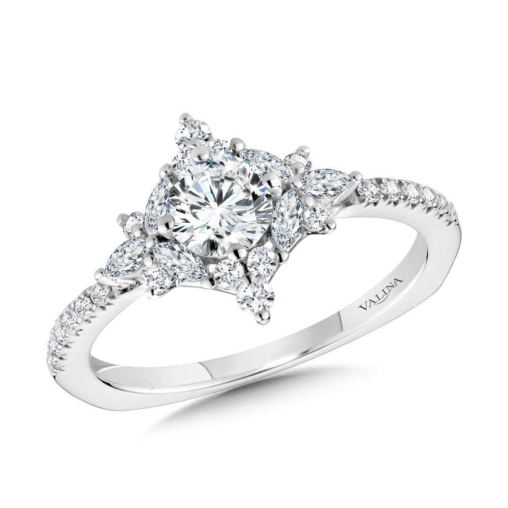 Marquise-Accented Sun Burst Tapered Diamond Halo Engagement Ring — R2208W