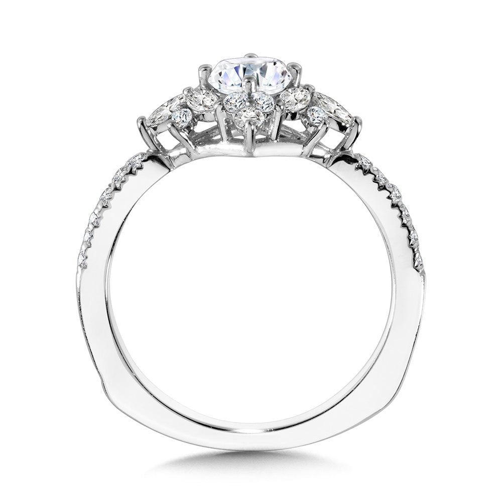 Marquise-Accented Sun Burst Tapered Diamond Halo Engagement Ring — R2208W
