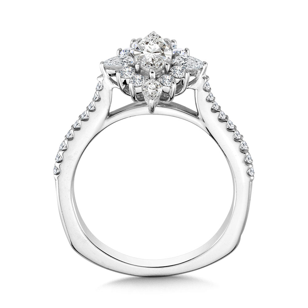 Marquise-Cut & Pear-Accented Sun Burst Diamond Halo Engagement Ring — R2210W