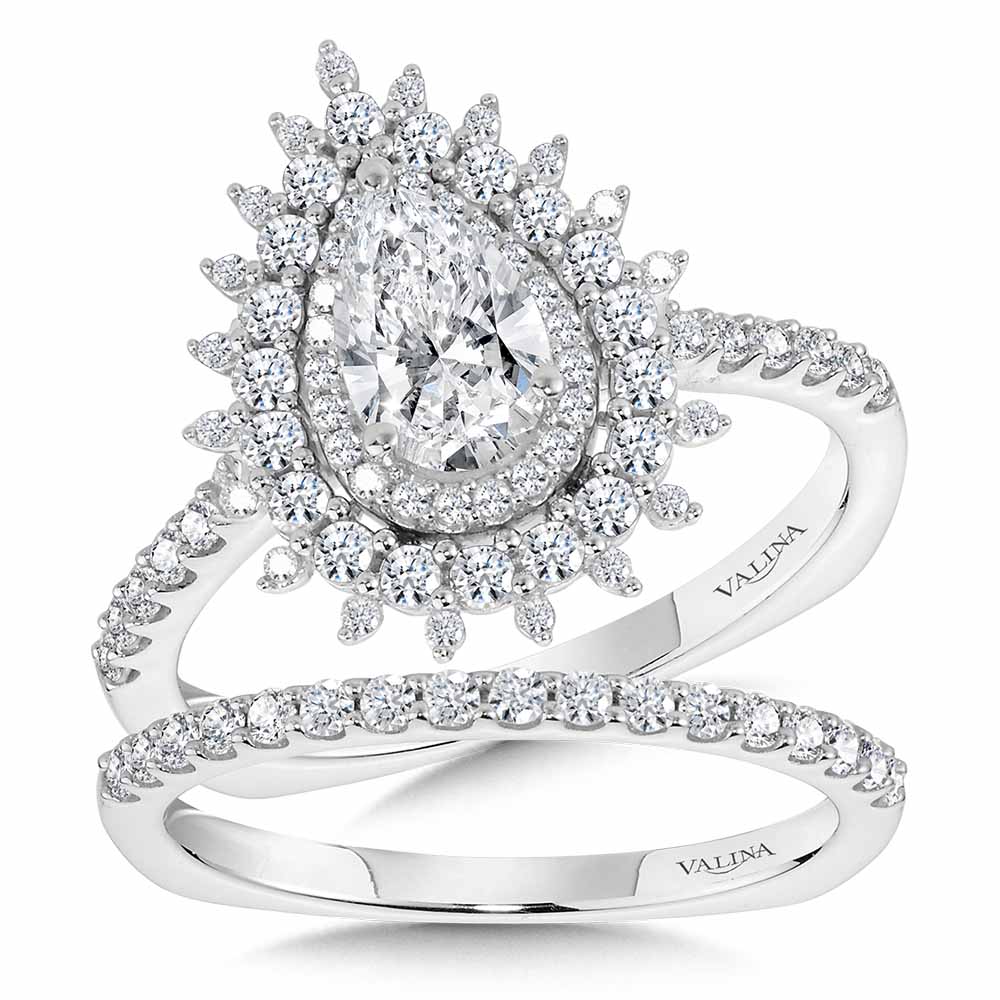 Pear-Cut Triple Diamond Halo Sun Burst Engagement Ring — R2211W