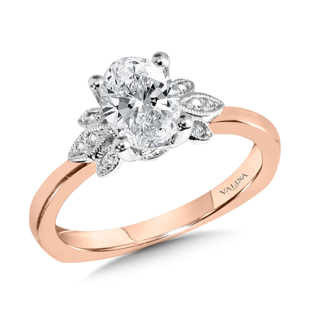 Floral Mixed-Metal & Oval-Cut Milgrain-Beaded Diamond Engagement Ring — R2212PW