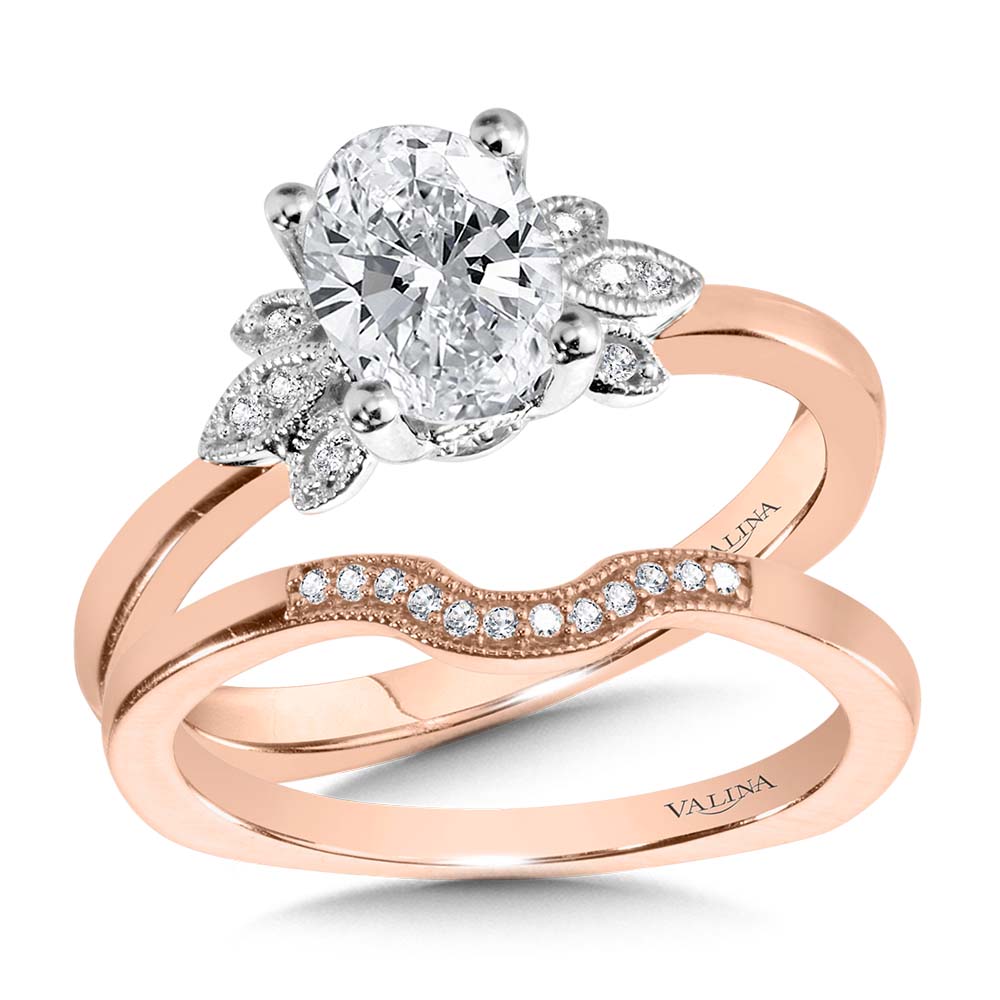 Floral Mixed-Metal & Oval-Cut Milgrain-Beaded Diamond Engagement Ring — R2212PW