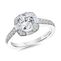 Baguette-Accented Cushion-Shaped Halo Diamond Engagement Ring w/ Channel-set Illusion — R2216W