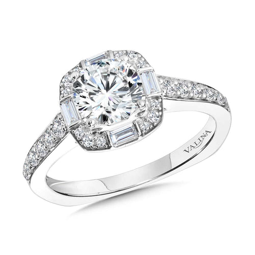 Baguette-Accented Cushion-Shaped Halo Diamond Engagement Ring w/ Channel-set Illusion — R2216W