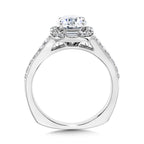 Baguette-Accented Cushion-Shaped Halo Diamond Engagement Ring w/ Channel-set Illusion — R2216W