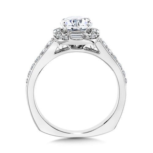Baguette-Accented Cushion-Shaped Halo Diamond Engagement Ring w/ Channel-set Illusion — R2216W