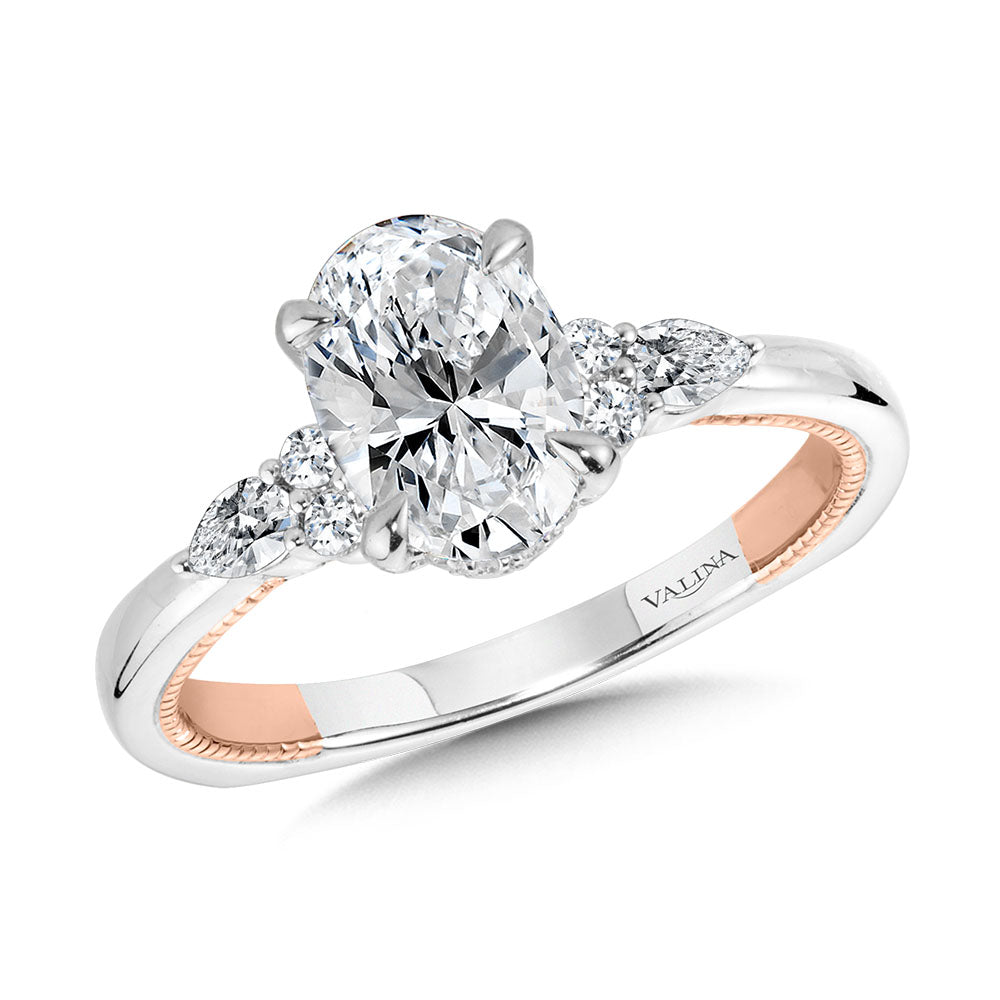 Oval-Cut Two-Tone & Milgrain-Beaded Hidden Halo Diamond Engagement Ring — R2220WP