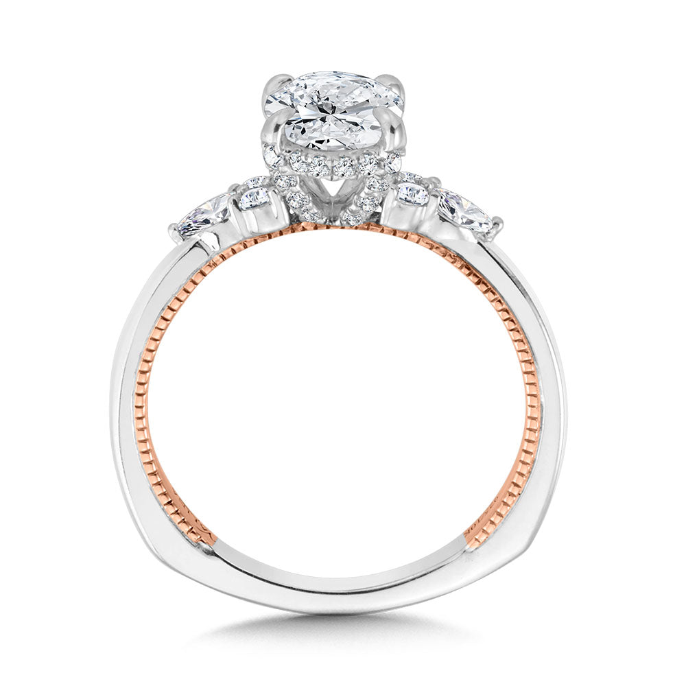 Oval-Cut Two-Tone & Milgrain-Beaded Hidden Halo Diamond Engagement Ring — R2220WP