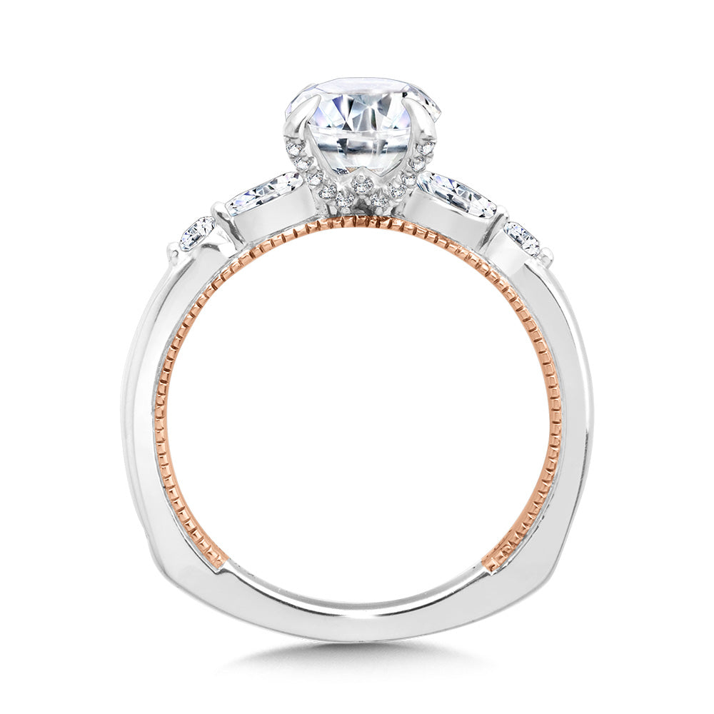 Marquise-Accented Two-Tone & Milgrain-Beaded Hidden Accents Diamond Engagement Ring — R2222WP
