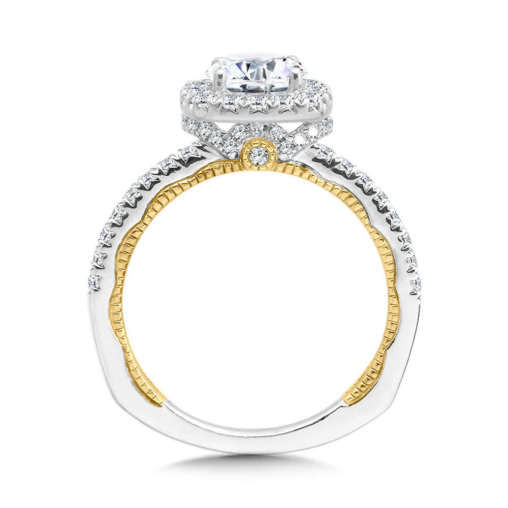 Two-Tone & Milgrain-Beaded Cushion-Shaped Diamond Halo Engagement Ring — R2223WY