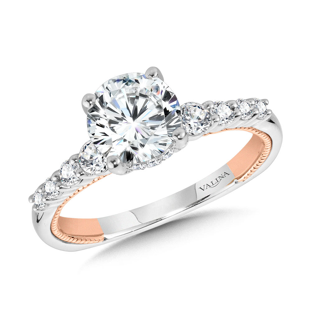 Graduating Two-Tone & Milgrain-Beaded Hidden Halo Diamond Engagement Ring — R2225WP