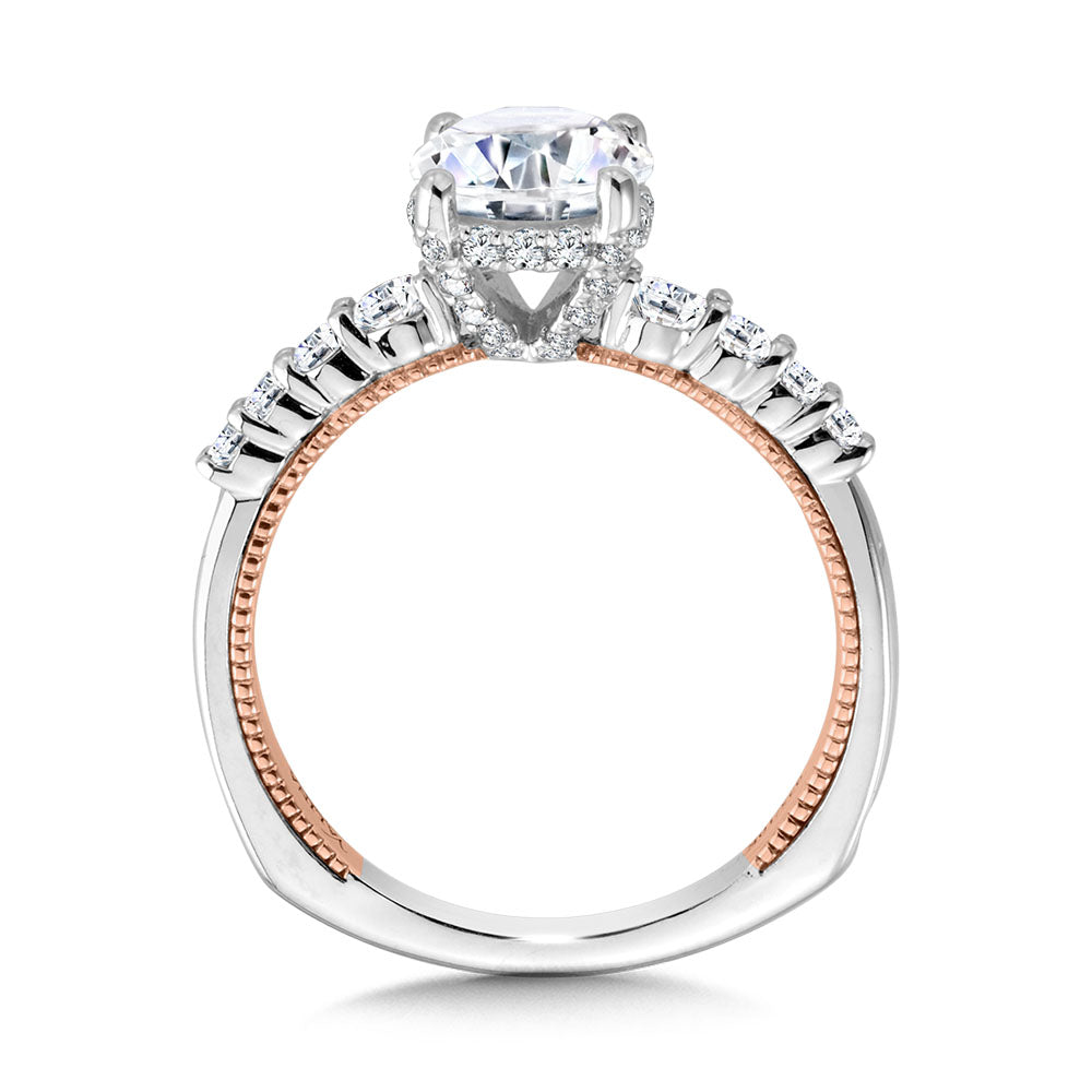 Graduating Two-Tone & Milgrain-Beaded Hidden Halo Diamond Engagement Ring — R2225WP