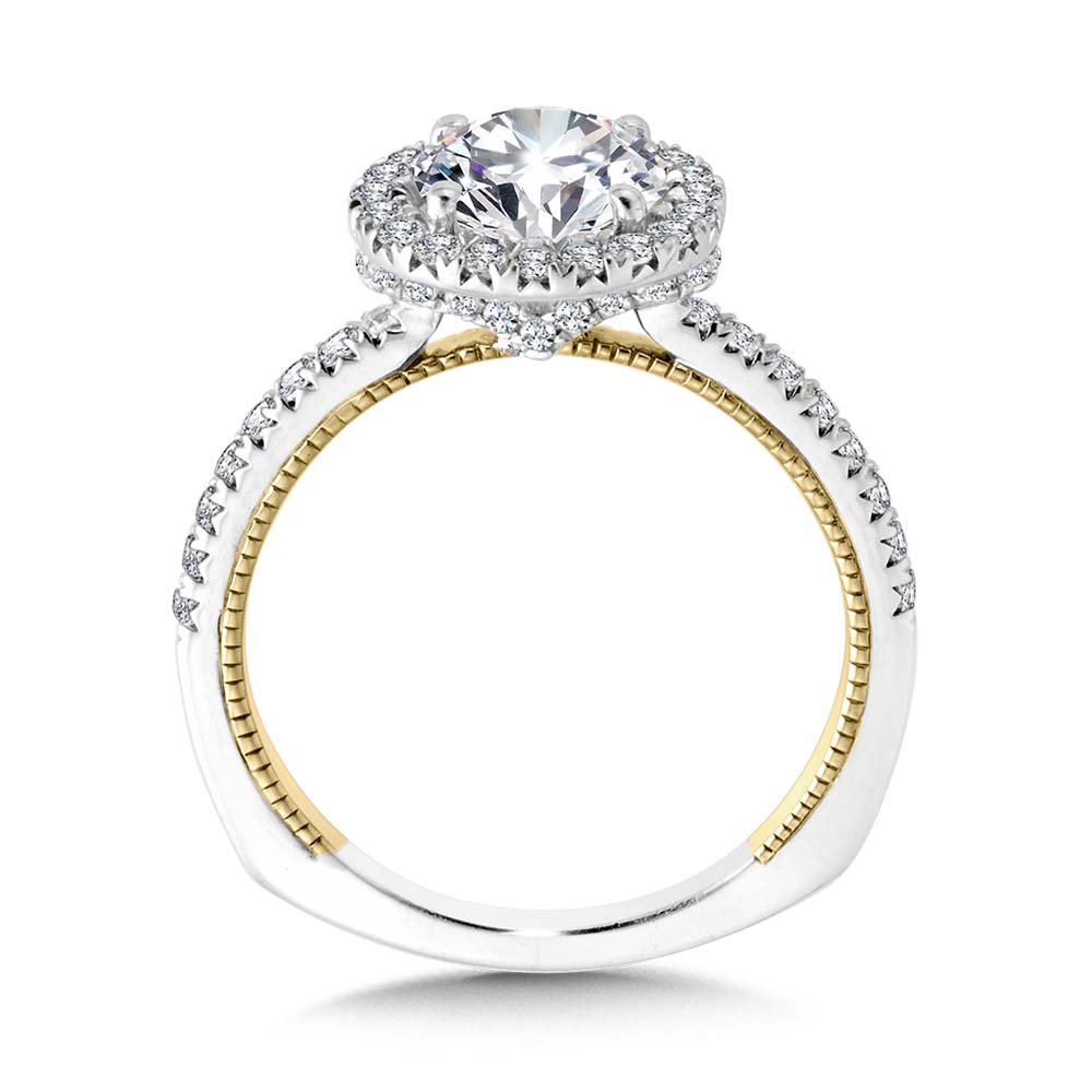 Two-Tone & Milgrain-Beaded Hidden Diamond Halo Engagement Ring — R2226WY