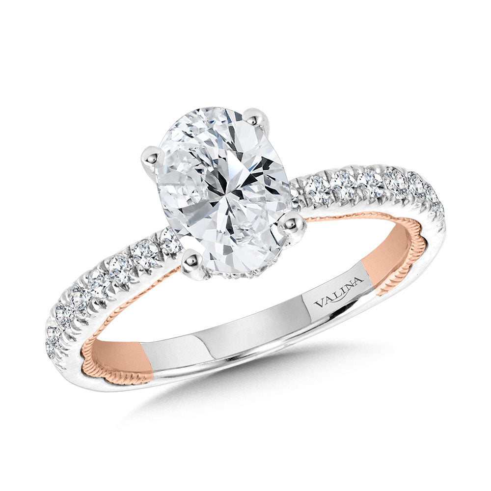 Oval-Cut, Tapered, Two-Tone & Milgrain-Beaded Hidden Halo Diamond Engagement Ring — R2227WP
