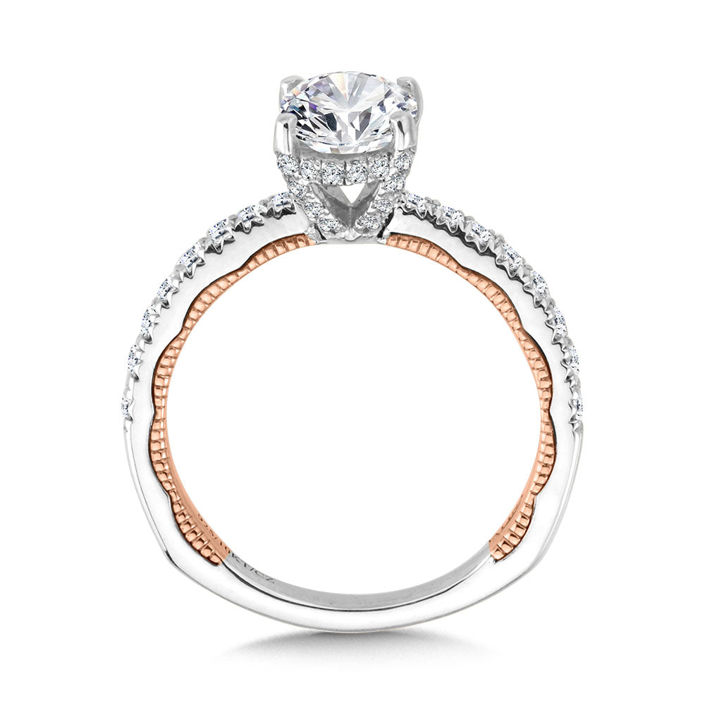 Oval-Cut, Tapered, Two-Tone & Milgrain-Beaded Hidden Halo Diamond Engagement Ring — R2227WP