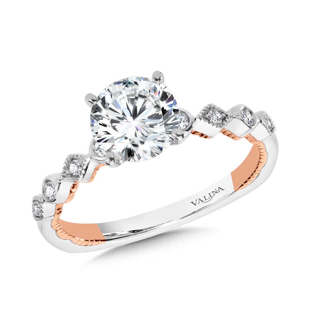 Stackable Two-Tone & Milgrain-Beaded Hidden Halo Diamond Engagement Ring — R2228WP