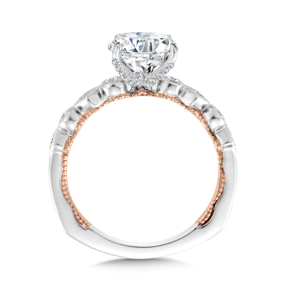 Stackable Two-Tone & Milgrain-Beaded Hidden Halo Diamond Engagement Ring — R2228WP