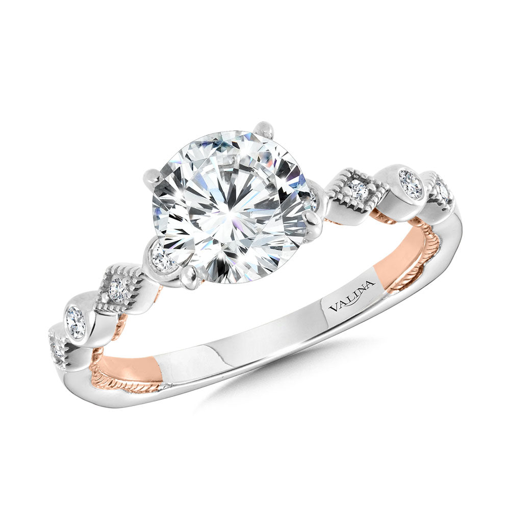 Stackable Two-Tone & Milgrain-Beaded Hidden Halo Diamond Engagement Ring — R2228WP