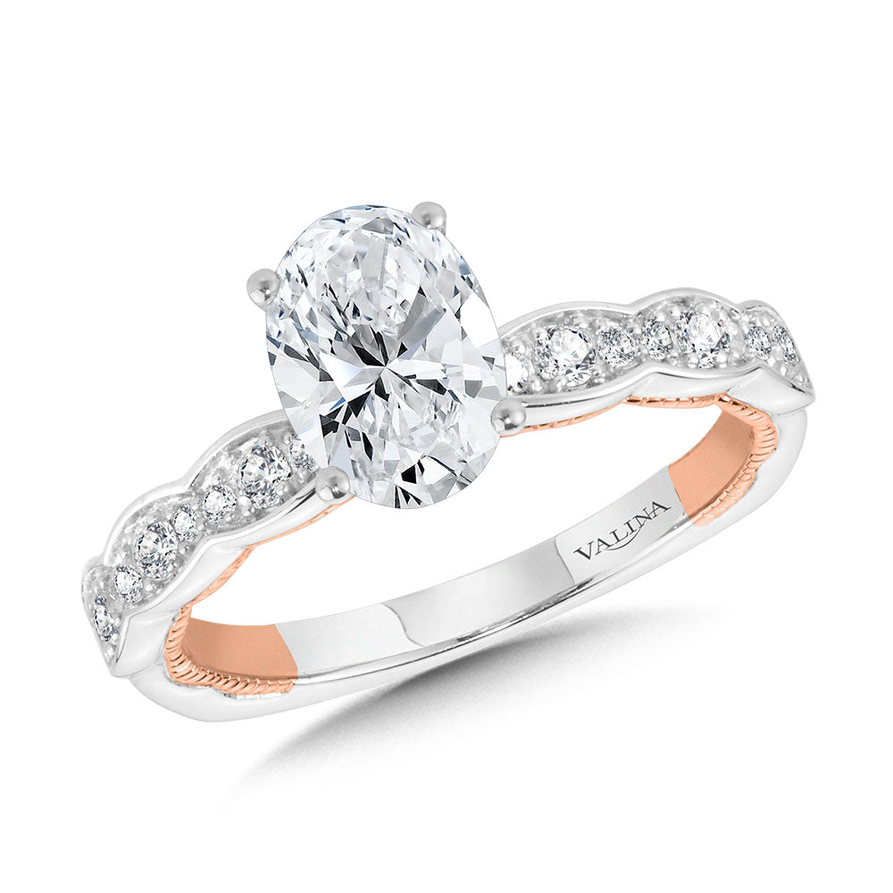 Oval-Cut, Channel-Set, Two-Tone & Milgrain-Beaded Hidden Accents Diamond Engagement Ring — R2231WP