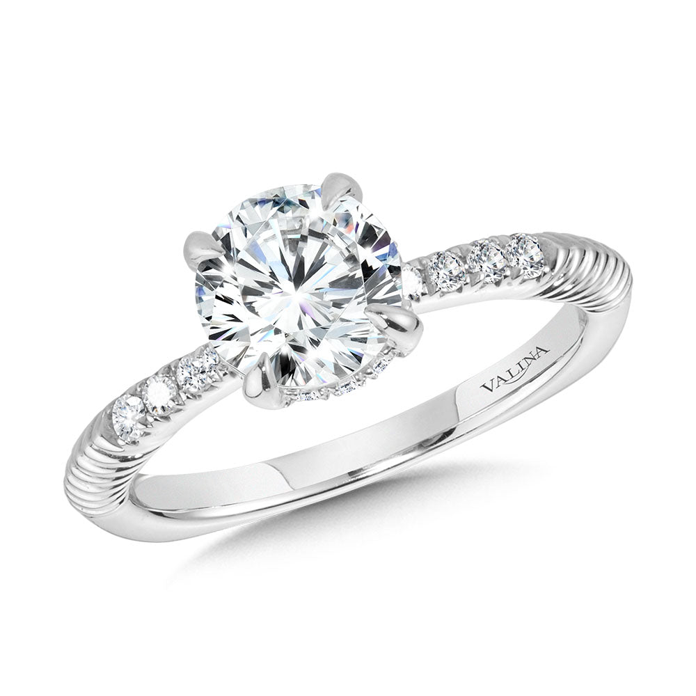 Ribbed & Tapered Hidden Halo Diamond Engagement Ring — R2232W