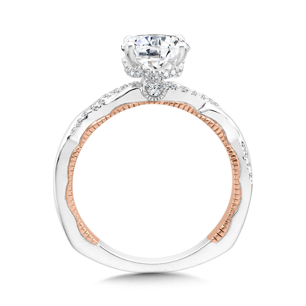 Oval-Cut Diamond & Two-Tone, Milgrain-Beaded, Crisscross Hidden Halo Engagement Ring — R2235WP