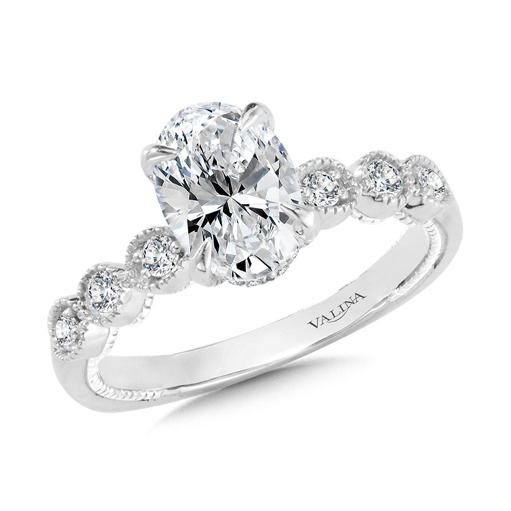 Oval-Cut, Stackable & Milgrain-Beaded Hidden Halo Diamond Engagement Ring — R2236W