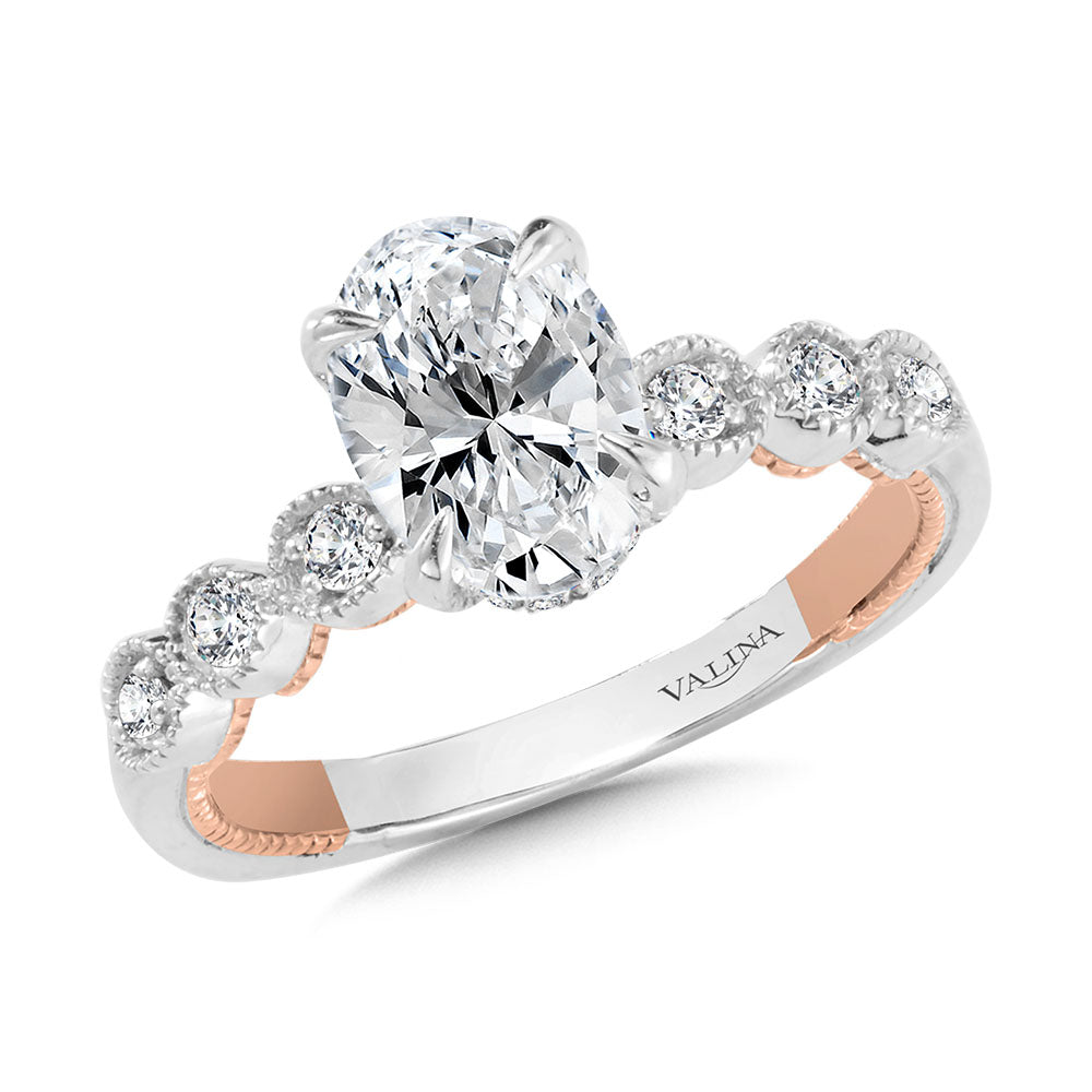 Oval-Cut, Stackable, Two-Tone & Milgrain-Beaded Hidden Halo Diamond Engagement Ring — R2236WP