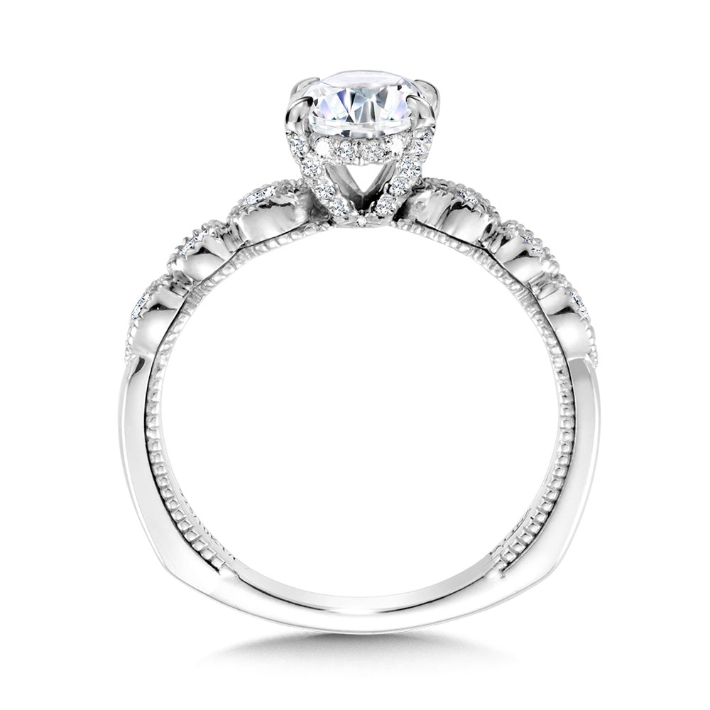 Oval-Cut, Stackable & Milgrain-Beaded Hidden Halo Diamond Engagement Ring — R2236W