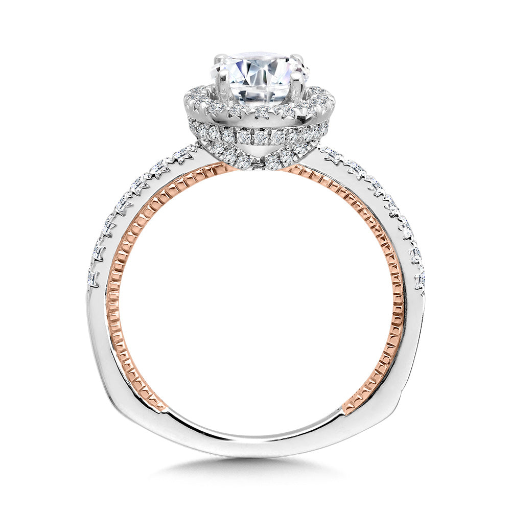 Oval-Cut Two-Tone & Milgrain-Beaded Hidden Halo, Diamond Halo Engagement Ring — R2237WP