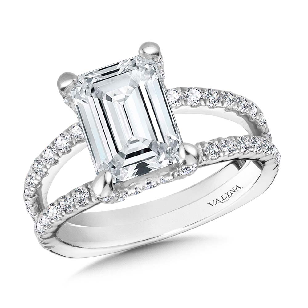 Emerald-Cut Hidden Accents & Split Shank Diamond Engagement Ring — R2242W