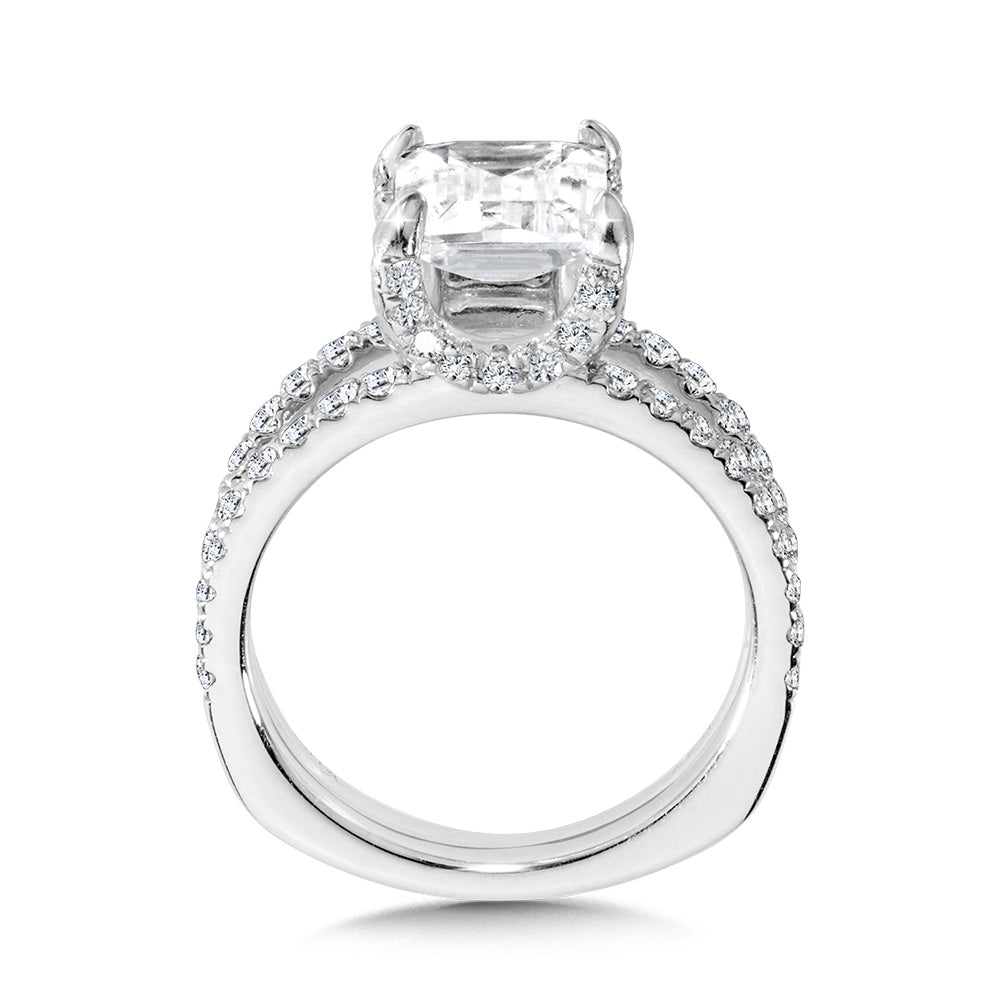 Emerald-Cut Hidden Accents & Split Shank Diamond Engagement Ring — R2242W