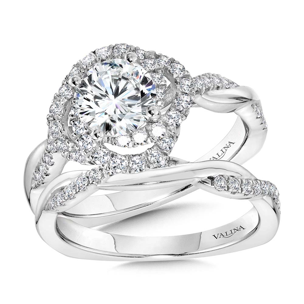 Crisscross Shank & Spiral Halo Diamond Engagement Ring — R2248W