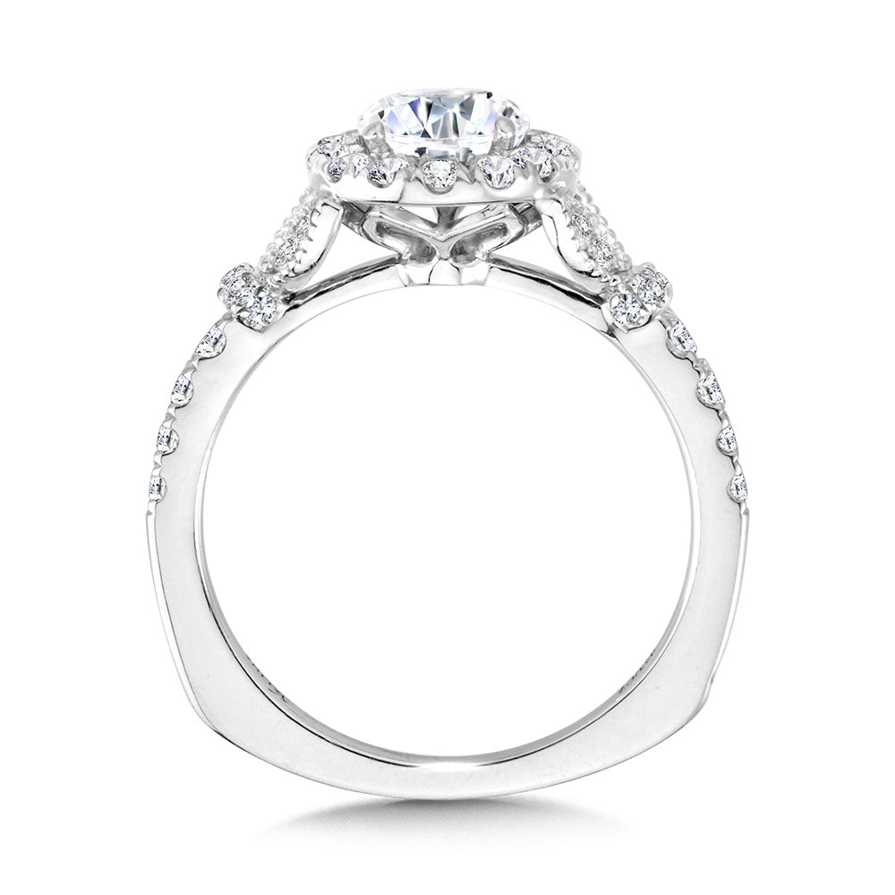 Tapered & Milgrain-Beaded Round Diamond Halo Engagement Ring — R2252W