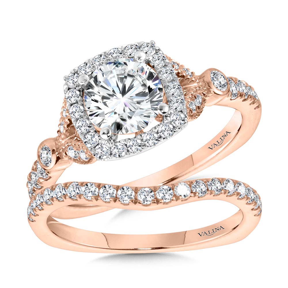 Tapered & Milgrain-Beaded Cushion-Shaped Diamond Halo Engagement Ring — R2253PW