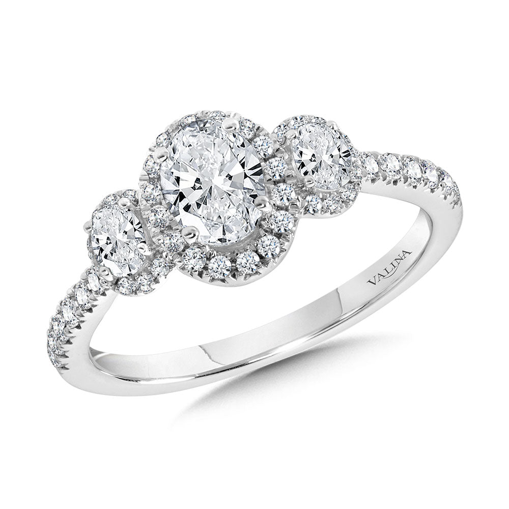 Oval-Cut Three-Stone Diamond Halo Engagement Ring — R2261W-SR