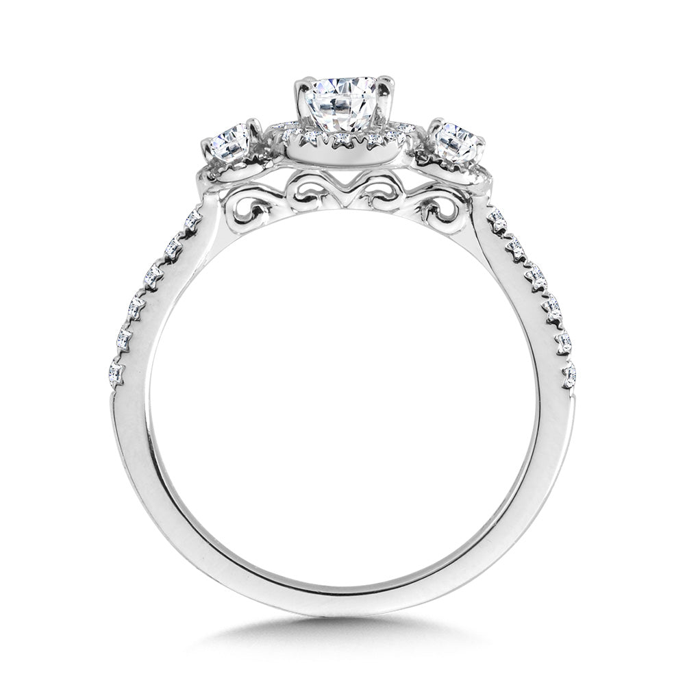 Oval-Cut Three-Stone Diamond Halo Engagement Ring — R2261W-SR