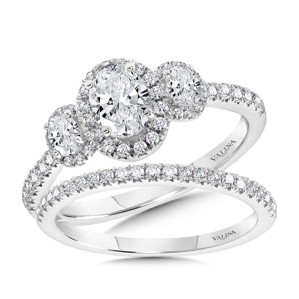 Oval-Cut Three-Stone Diamond Halo Engagement Ring — R2261W-SR