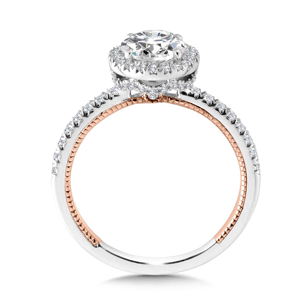 Two-Tone & Milgrain-Beaded Hidden Halo, Diamond Halo Engagement Ring — R2265WP-SR