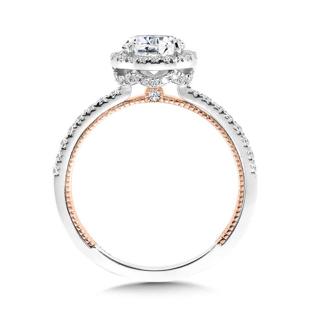 Two-Tone & Milgrain-Beaded Hidden Halo, Diamond Halo Engagement Ring — R2265WP-SR